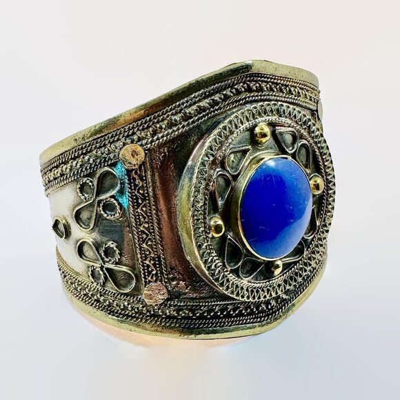Lapis Bracelet, Afghan, Middle Eastern, Kuchi Jewelry, Wide, Silver, Brass - Picture 5 of 6